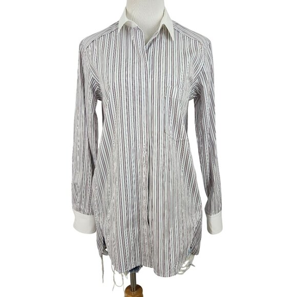 Theory Top Women's Large Long Sleeve Button Down Stripped Hidden Button Placket - Picture 1 of 14